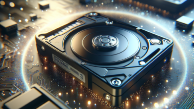 Yüksek hızlı harici NVMe SSD'nin modern bir bilgisayara Thunderbolt kablosuyla bağlı olduğu, veri akışını simgeleyen ışık efektleriyle çevrili profesyonel bir görsel.