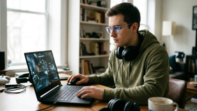 Oyun oynarken mavi ışık filtreli gözlük takan bir oyuncu.