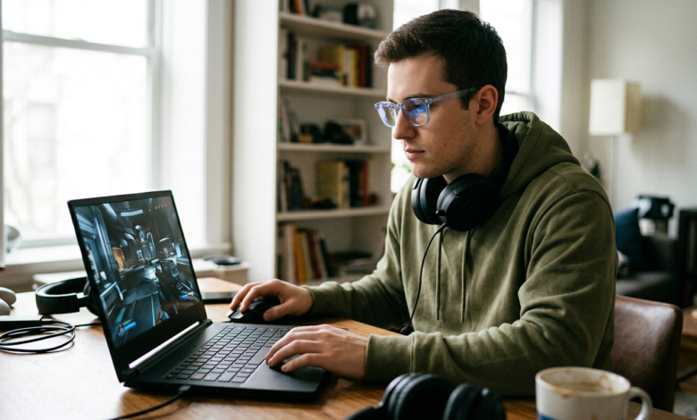 Oyun oynarken mavi ışık filtreli gözlük takan bir oyuncu.