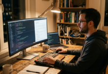 Göz dostu bir monitörde kod yazan bir yazılımcı, ekranın ergonomik ayarları ve düşük mavi ışık filtresi özelliklerini vurguluyor.