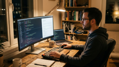 Göz dostu bir monitörde kod yazan bir yazılımcı, ekranın ergonomik ayarları ve düşük mavi ışık filtresi özelliklerini vurguluyor.