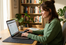 Ev ofisi masasında ergonomik dik duran bir mouse kullanan bir kişi