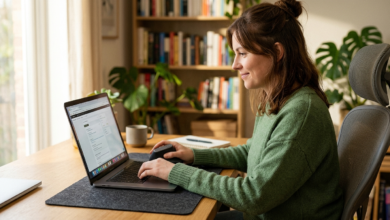 Ev ofisi masasında ergonomik dik duran bir mouse kullanan bir kişi