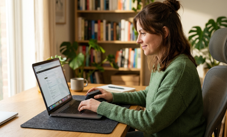 Ev ofisi masasında ergonomik dik duran bir mouse kullanan bir kişi