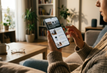 Modern bir akıllı ev giriş sistemini gösteren bir kapı kolu ve video kapı zili