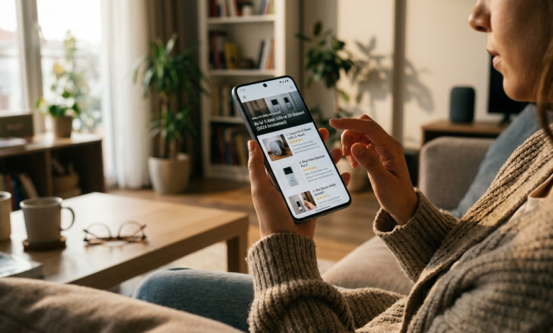 Modern bir akıllı ev giriş sistemini gösteren bir kapı kolu ve video kapı zili