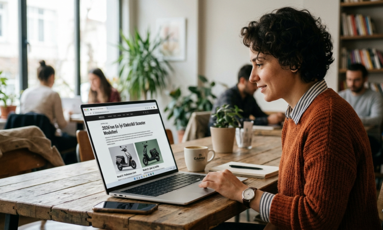 Modern şehir ortamında şarj istasyonuna yakın park edilmiş yüksek teknoloji elektrikli scooterlar