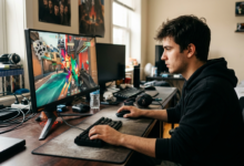 360Hz yenileme hızına sahip, hızlı aksiyonlu bir rekabetçi oyun sahnesini gösteren yüksek performanslı bir oyun monitörü.