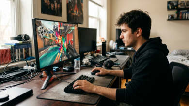 360Hz yenileme hızına sahip, hızlı aksiyonlu bir rekabetçi oyun sahnesini gösteren yüksek performanslı bir oyun monitörü.