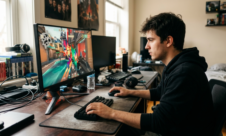 360Hz yenileme hızına sahip, hızlı aksiyonlu bir rekabetçi oyun sahnesini gösteren yüksek performanslı bir oyun monitörü.