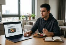 Bir e-sporcu oyun oynarken yanında sağlıklı yiyecekler ve su, arka planda uyku izleme cihazı gösteren bir akıllı yüzük.