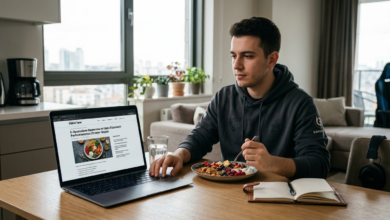 Bir e-sporcu oyun oynarken yanında sağlıklı yiyecekler ve su, arka planda uyku izleme cihazı gösteren bir akıllı yüzük.