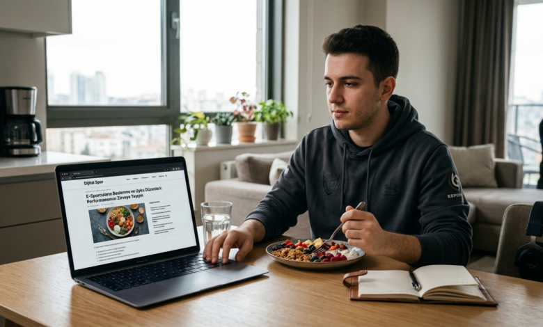 Bir e-sporcu oyun oynarken yanında sağlıklı yiyecekler ve su, arka planda uyku izleme cihazı gösteren bir akıllı yüzük.