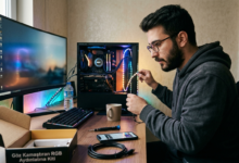 Renkli RGB aydınlatmalı modern bir oyun bilgisayarı kasası ve çevre birimleri.