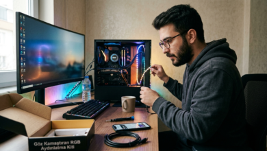 Renkli RGB aydınlatmalı modern bir oyun bilgisayarı kasası ve çevre birimleri.