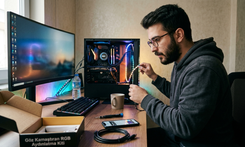 Renkli RGB aydınlatmalı modern bir oyun bilgisayarı kasası ve çevre birimleri.