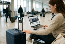 Akıllı valizler ve seyahat teknolojileriyle donatılmış modern bir havalimanı sahnesi