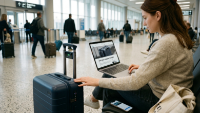 Akıllı valizler ve seyahat teknolojileriyle donatılmış modern bir havalimanı sahnesi