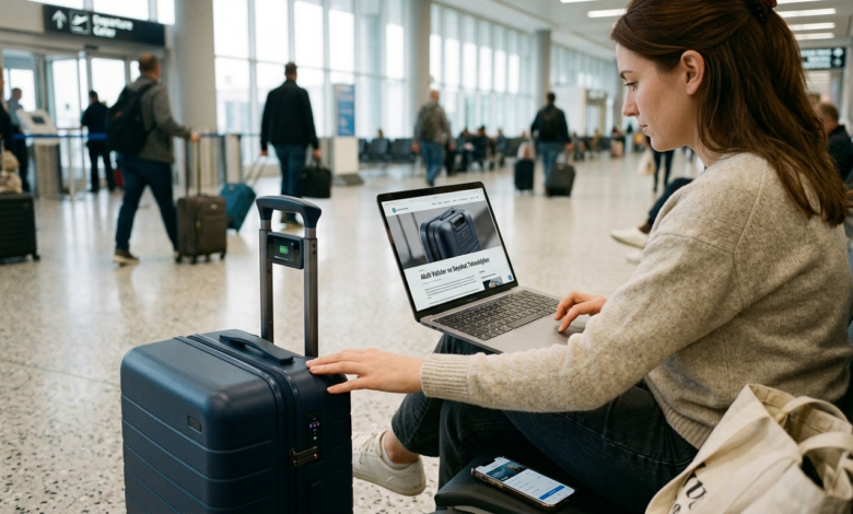 Akıllı valizler ve seyahat teknolojileriyle donatılmış modern bir havalimanı sahnesi