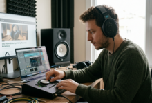 Bir ses mühendisinin stüdyoda referans kulaklıklarla çalışırken yakın çekim görüntüsü