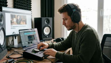 Bir ses mühendisinin stüdyoda referans kulaklıklarla çalışırken yakın çekim görüntüsü