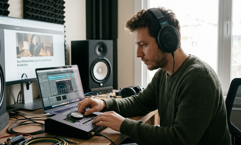 Bir ses mühendisinin stüdyoda referans kulaklıklarla çalışırken yakın çekim görüntüsü