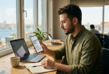 2026 yılına ait teknoloji trendlerini gösteren fütüristik bir görsel, yapay zeka, artırılmış gerçeklik ve akıllı şehir öğeleri içeriyor.