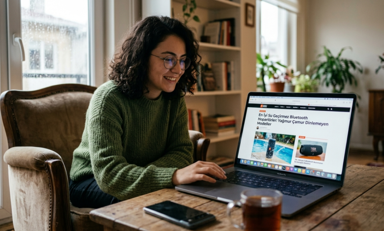 Su sıçramalarına dayanıklı, renkli bir Bluetooth hoparlör, havuz kenarında güneşli bir günde müzik çalarken görünüyor.