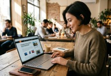 Bir kafede oturan bir gezginin önünde açık duran hafif ve ince bir ultrabook.