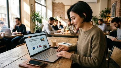 Bir kafede oturan bir gezginin önünde açık duran hafif ve ince bir ultrabook.