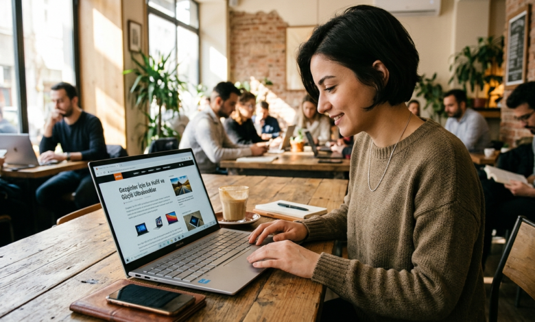 Bir kafede oturan bir gezginin önünde açık duran hafif ve ince bir ultrabook.