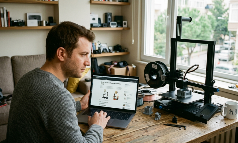 Çalışan bir FDM 3D yazıcı ve basılmış renkli objeler, hobi amaçlı 3D baskı dünyasına giriş.