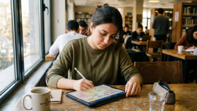 Dijital not tutan bir el ve farklı stylus kalemler