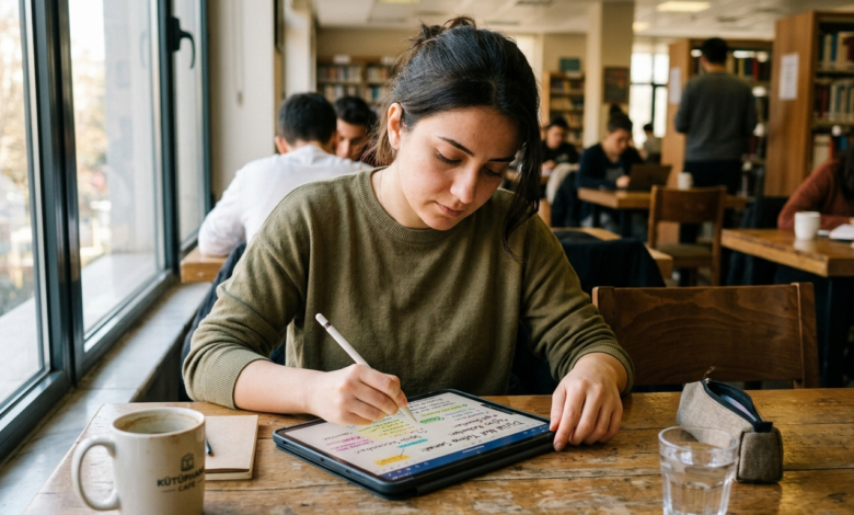 Dijital not tutan bir el ve farklı stylus kalemler